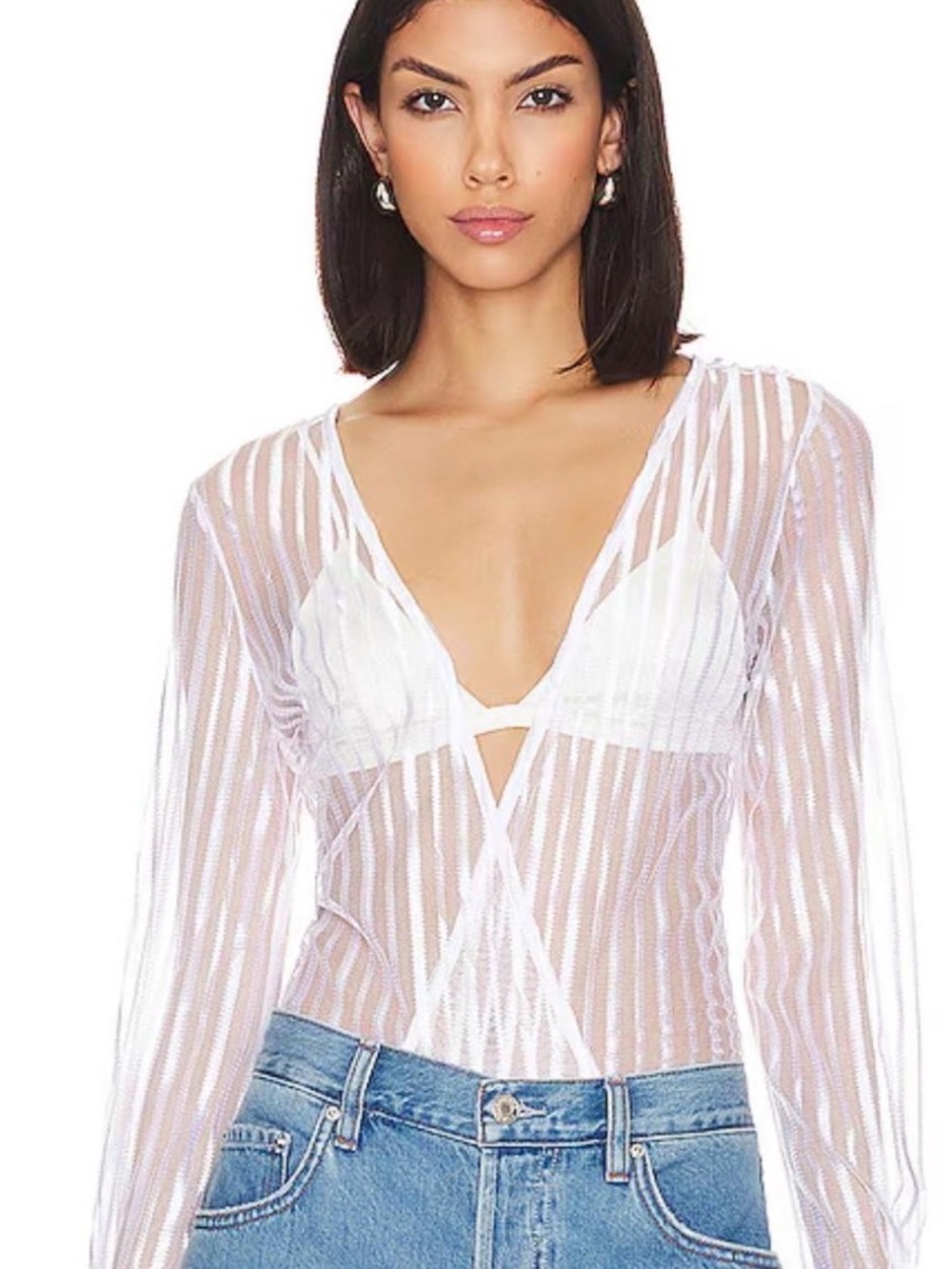 Superdown Sheer White Striped V-Neck Bodysuit